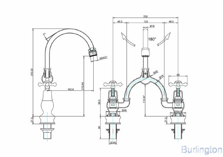 Смеситель для раковины на 2 отверстия, Regent, со скрытым сливом-переливом [CLR28 + W9] - подходит только для раковины B14