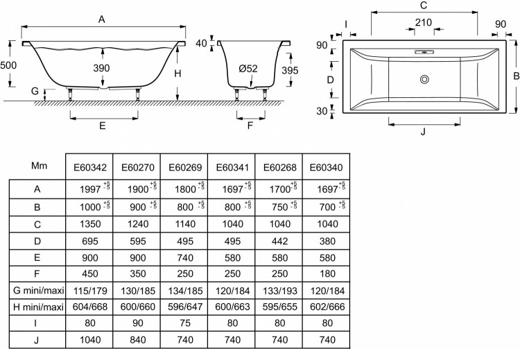 Ванна 200 х 100 см для установки с ножками (в комплекте) Jacob Delafon EVOK E60342-00