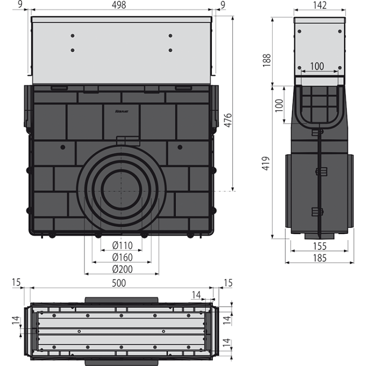 Пескоуловитель для дренажного канала с щелевой симметричной сервисной надставкой 160 мм, нержавеющая сталь Alcadrain AVZ101R-R324R