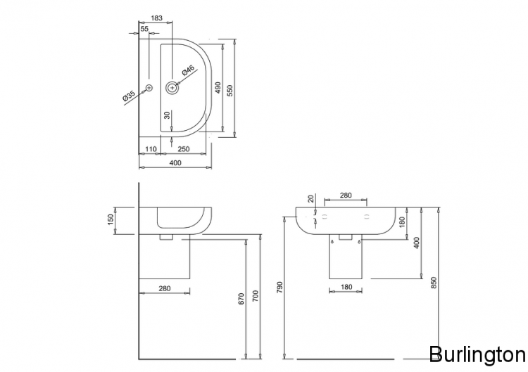 Раковина 550 mm с полупьедесталом