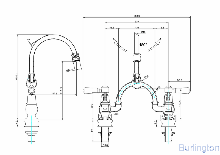 Смеситель для раковины на 2 отверстия, Regent, со скрытым сливом-переливом [KER28 + W9] - подходит только для раковины B14