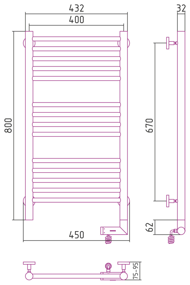 Полотенцесушитель электрический Сунержа Богема 2.0 прямая 800х400 МЭМ правый Матовый белый