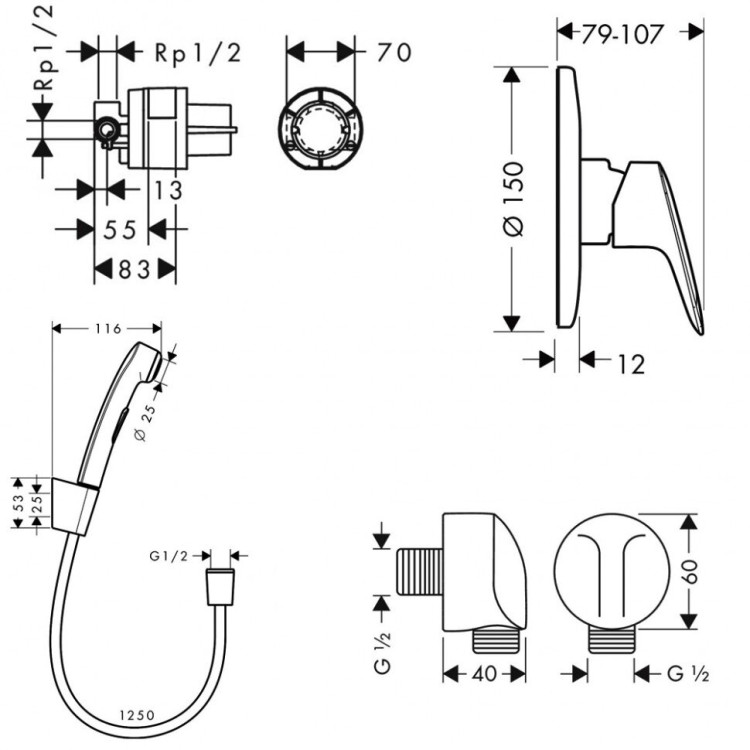 Гигиенический набор Hansgrohe 71606000+32129000+27454000+13620180