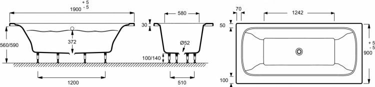 Прямоугольная ванна из материала Flight 190 х 90 см Jacob Delafon ELITE E6D033RU-00