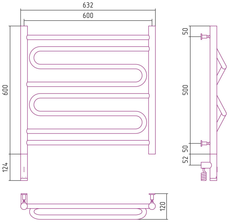 Полотенцесушитель электрический Сунержа Элегия 3.0 600х600 МЭМ левый Без покрытия