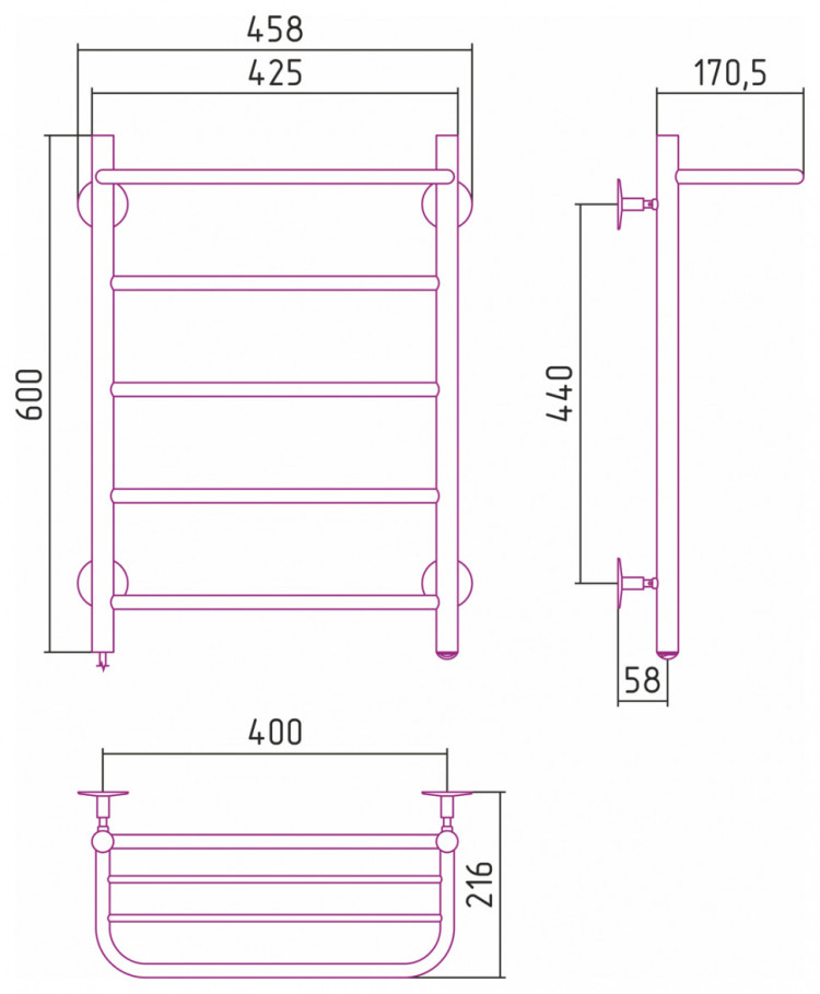 Полотенцесушитель электрический Стилье Формат 30 Л 600х400 (Полка + 4) П16 Без покрытия