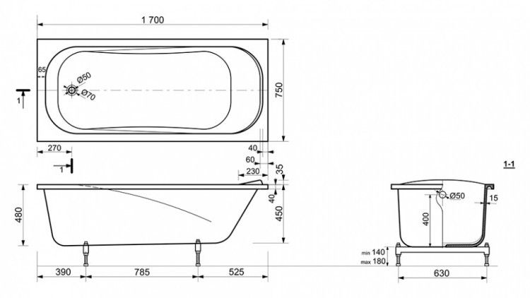 Ванна из искусственного камня Эстет Альфа 170x75