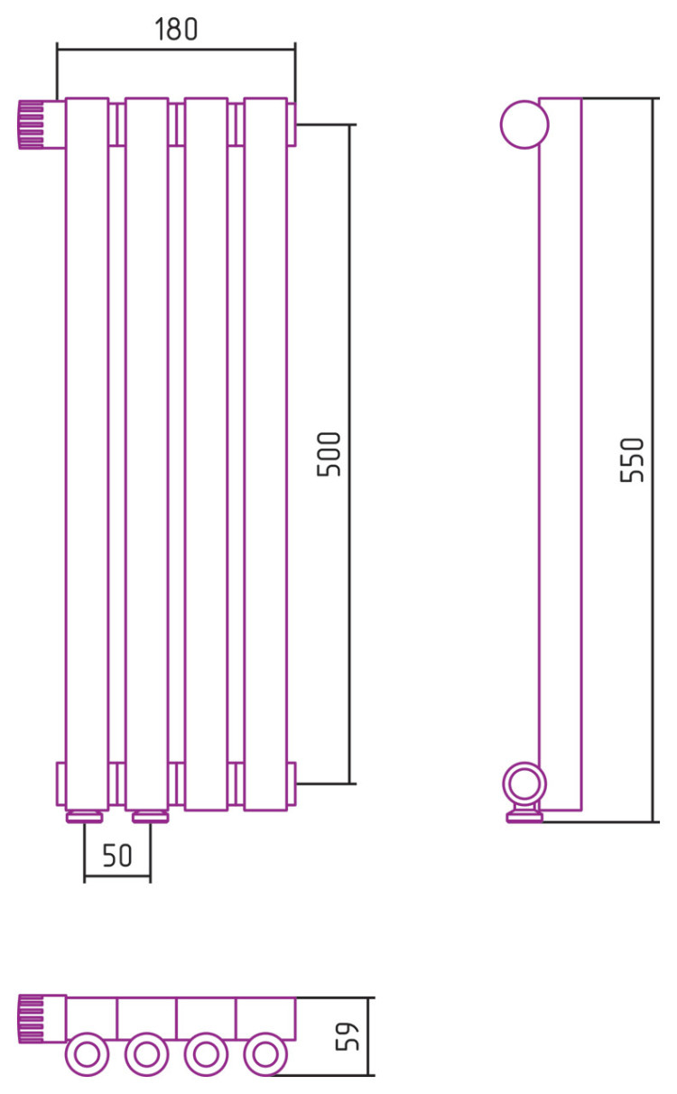 Отопительный радиатор Сунержа Эстет-0 EU50 левый 500х180 4 секции Тёмный титан муар