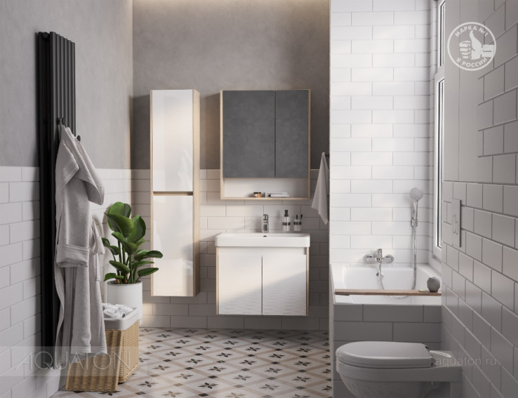 Тумба под раковину AQUATON Сканди Doors 70 белый глянец, дуб верона, 1A278901SDB20