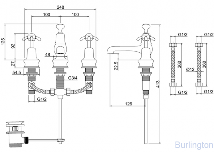Смеситель для раковины на 3 отверстия Regent, с донным клапаном [ANR12 BLA]