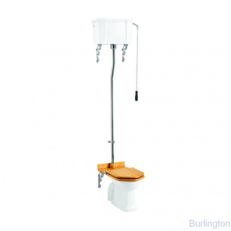 Унитаз с высоким керамическим бачком, с цепочкой и чёрной ручкой