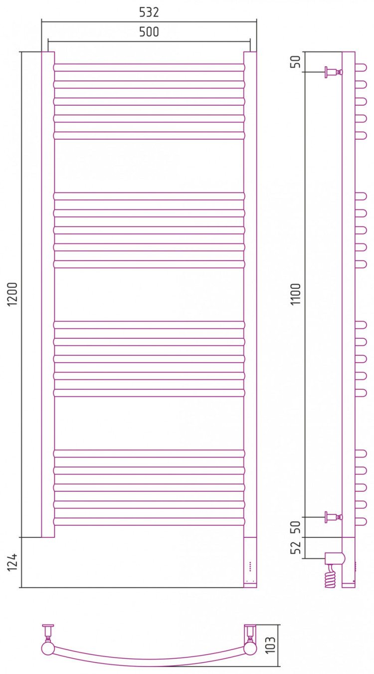 Полотенцесушитель электрический Сунержа Богема 3.0 выгнутая 1200х500 МЭМ правый Тёмный титан муар