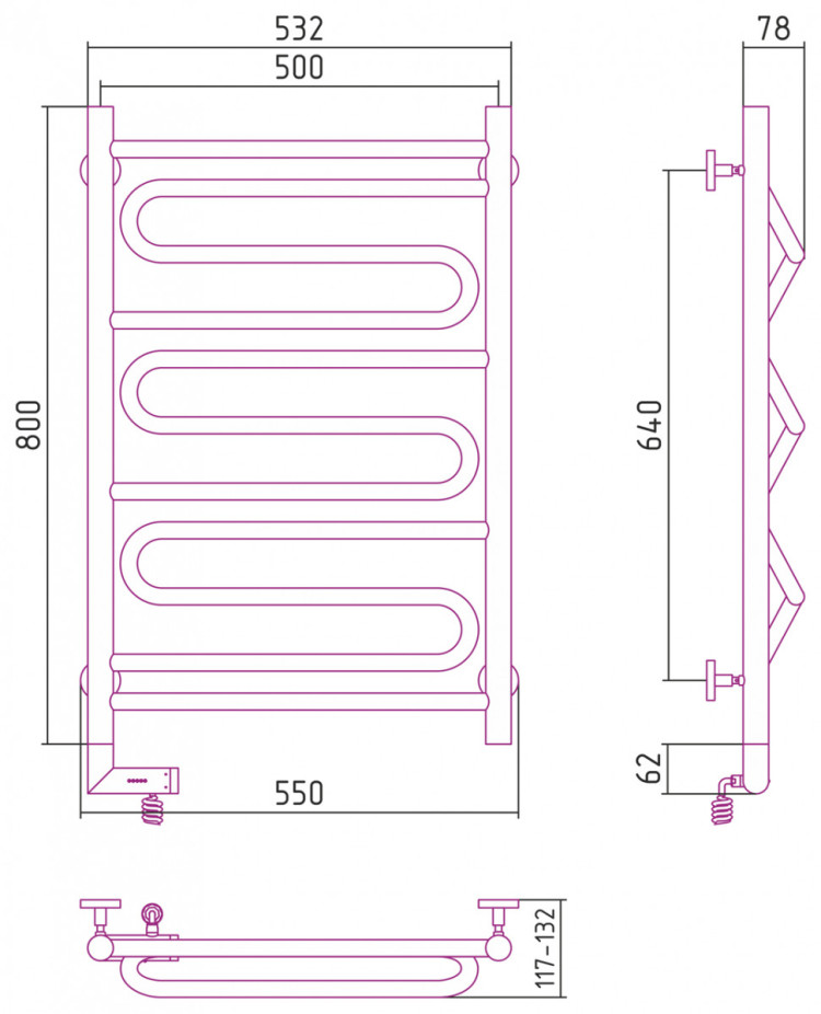 Полотенцесушитель электрический Сунержа Элегия 2.0 800х500 МЭМ левый Матовый чёрный
