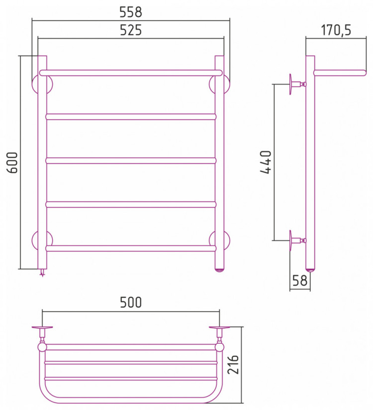 Полотенцесушитель электрический Стилье Формат 30 Л 600х500 (Полка + 4) П16 Без покрытия