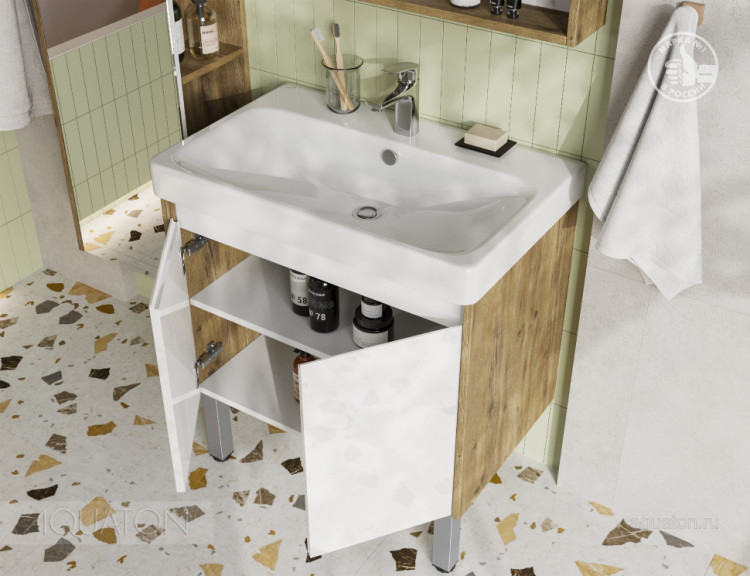 Тумба под раковину AQUATON Сканди Doors 70 белый глянец, дуб рустикальный, 1A278901SDZ90