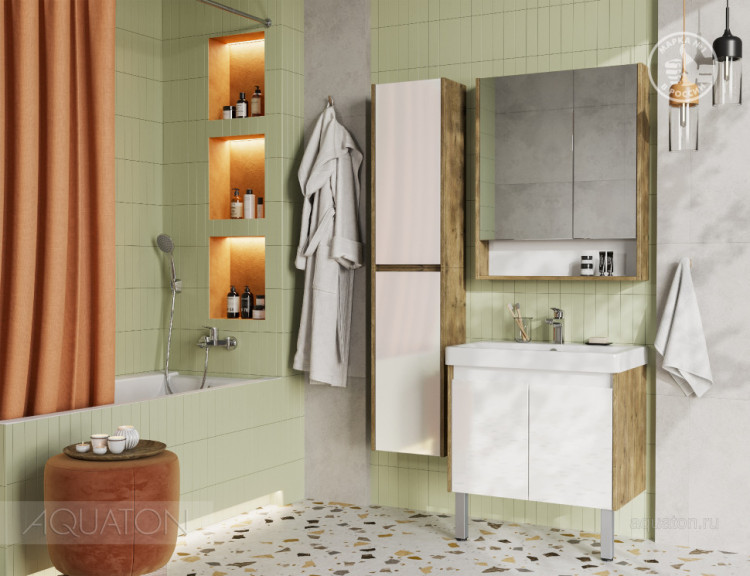 Тумба под раковину AQUATON Сканди Doors 70 белый глянец, дуб рустикальный, 1A278901SDZ90