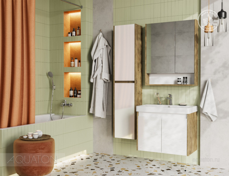 Тумба под раковину AQUATON Сканди Doors 70 белый глянец, дуб рустикальный, 1A278901SDZ90