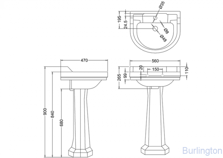 Раковина 56 см на 1 или 2 отверстия с пьедесталом