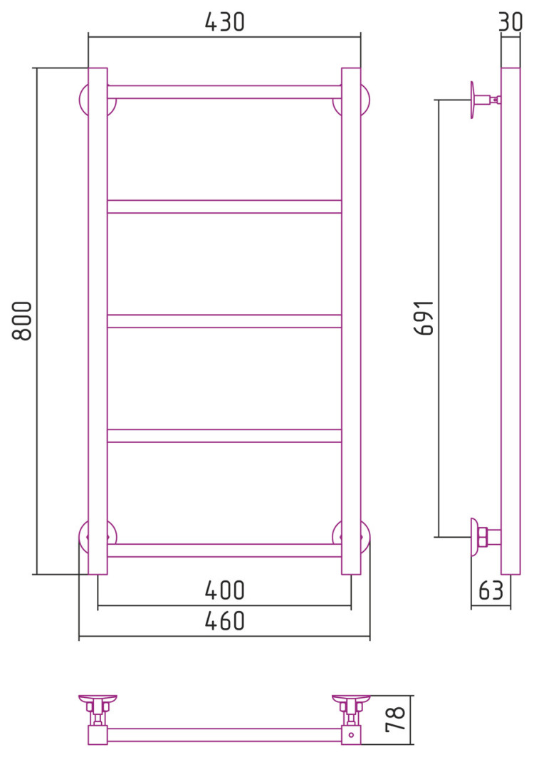 Полотенцесушитель водяной Стилье Версия-КН 800х400 (5) П 20х20 Чёрный