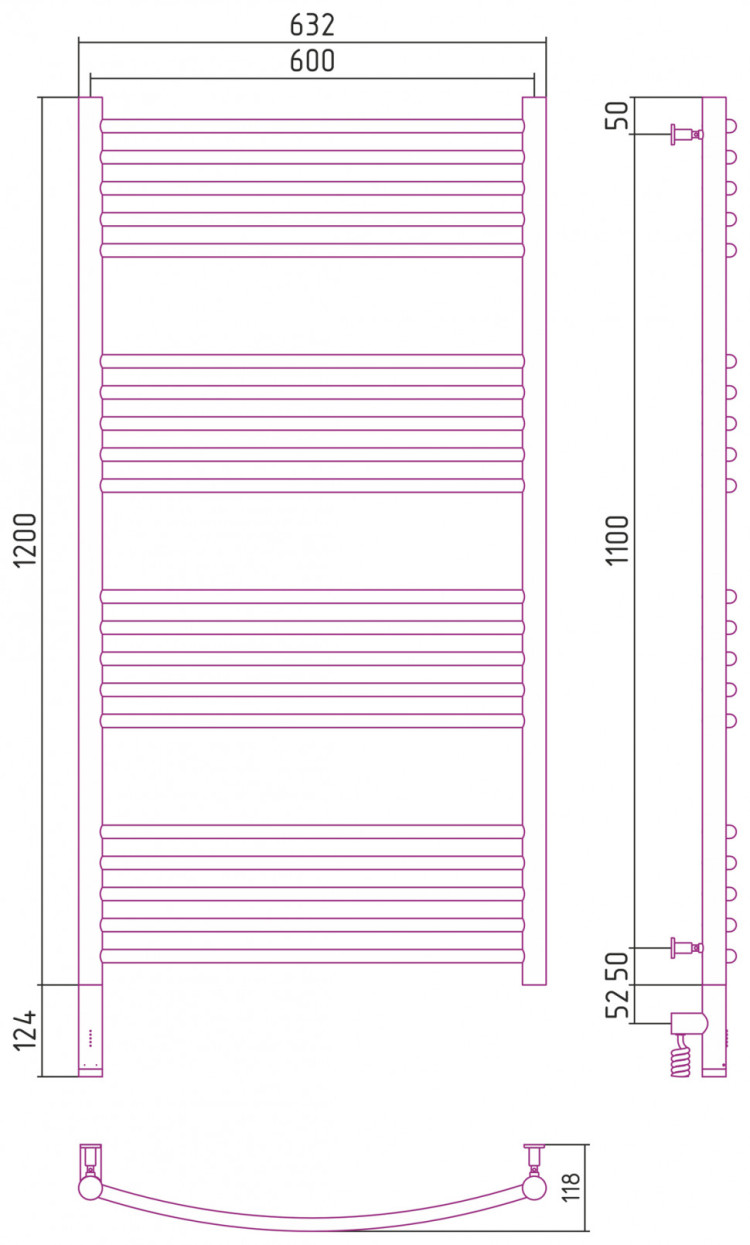 Полотенцесушитель электрический Сунержа Богема 3.0 выгнутая 1200х600 МЭМ левый Без покрытия