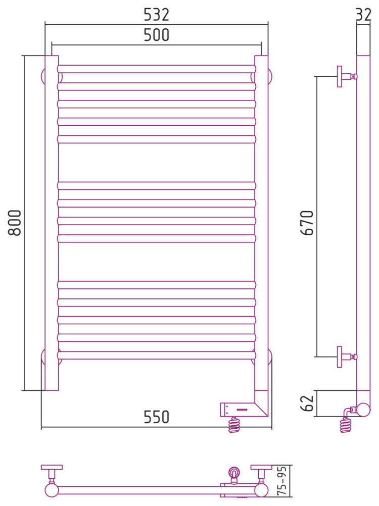 Полотенцесушитель электрический Сунержа Богема 2.0 прямая 800х500 МЭМ правый RAL 5000 Фиолетово-синий