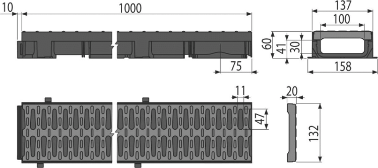 Дренажный канал 60 мм с пластиковой рамой и пластиковой решеткой А15 Alcadrain AVZ112-R501