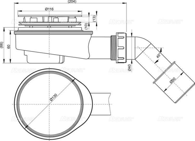 Сниженный сифон для толстостенного душевого поддона, хром Alcadrain A492CR