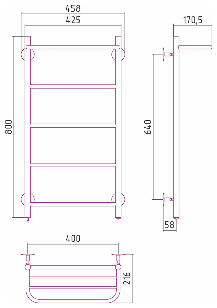 Полотенцесушитель электрический Стилье Формат 30 Л 800х400 (Полка + 4) П16 Без покрытия
