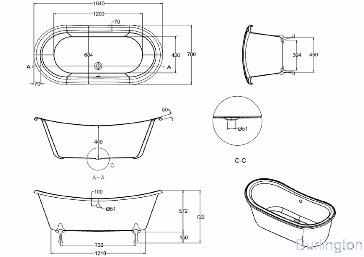 Ванна акриловая Bateau двусторонняя E10 без ножек