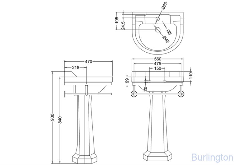 Раковина 56 см на 1 или 2 отверстия с пьедесталом и полотенцедержателем