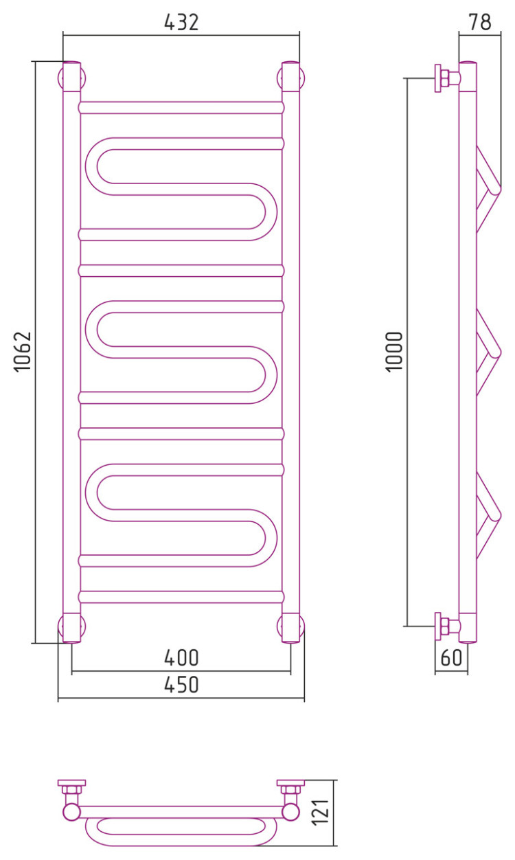 Полотенцесушитель водяной Сунержа Элегия+ 1000х400 Матовый чёрный