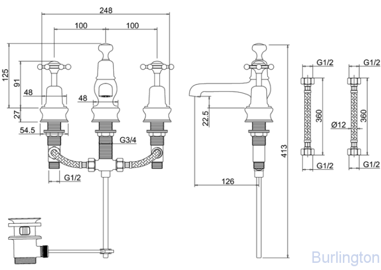 Смеситель для раковины на 3 отверстия Regent, с донным клапаном [BIR12 BLA]