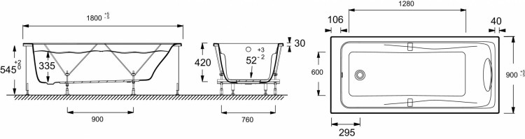 Ванна 180 х 90 см с поддерживающим профилем Jacob Delafon ODEON UP E60581-00