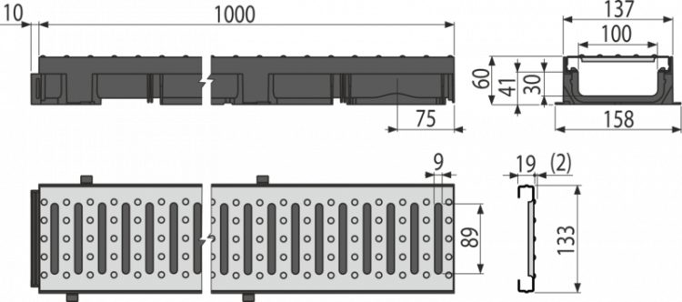 Дренажный канал 60 мм с пластиковой рамой и оцинкованной решеткой «C» профиль A15 Alcadrain AVZ112-R102