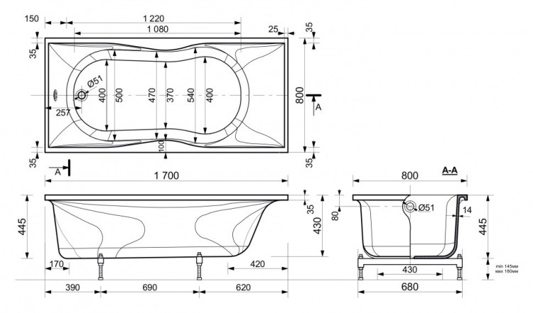 Ванна из искусственного камня Эстет Бета 170x80