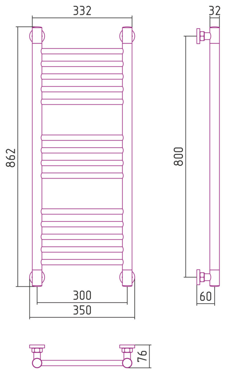 Полотенцесушитель водяной Сунержа Богема+ прямая 800х300 Матовый чёрный