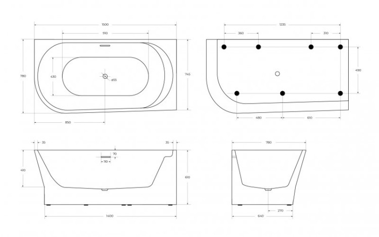 Угловая, овальная акриловая ванна в комплекте со сливом-переливом цвета хром BelBagno BB410-1500-780-L