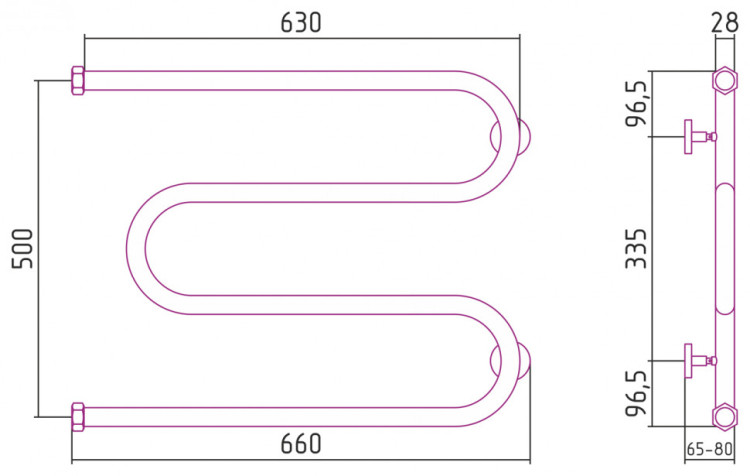 Полотенцесушитель водяной Сунержа М-образный+ 500х650 Без покрытия