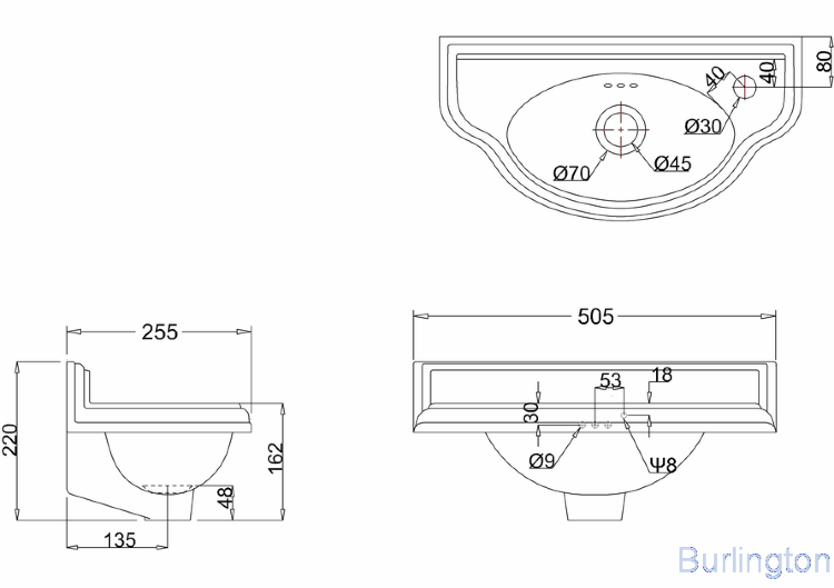 Подвесная раковина на 1 отверстие справа или слева