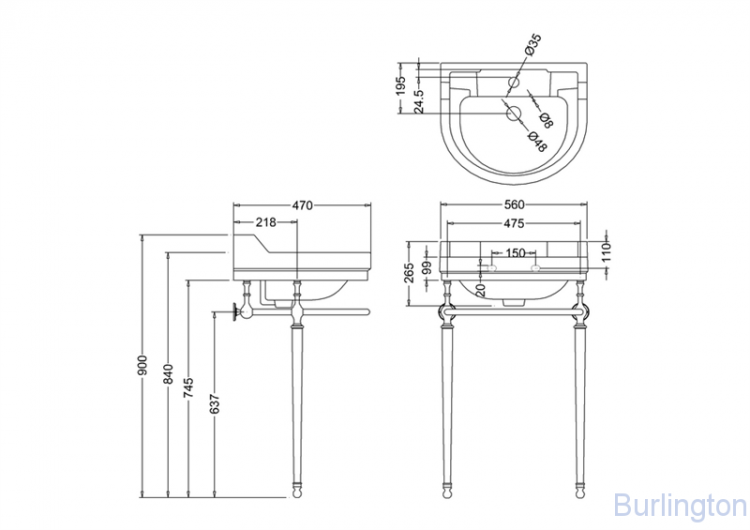 Раковина 56 см на 1 или 2 отверстия с хромированным подстольем