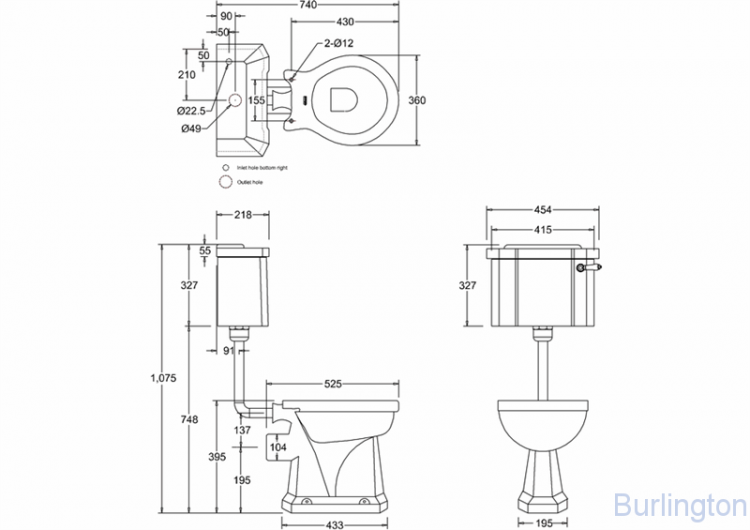Унитаз с низким бачком 44см, с черной керамической ручкой слива