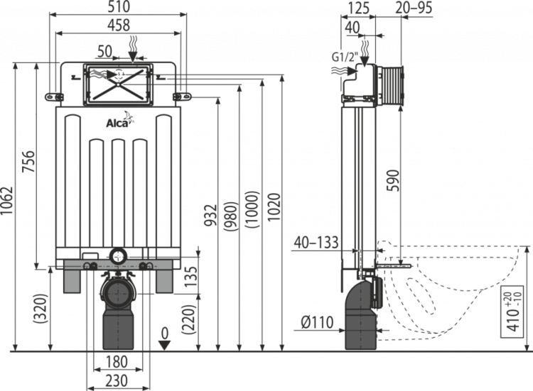 Скрытая система инсталляции ECOLOGY для замуровывания в стену Alcadrain AM100/1000E Alcamodul