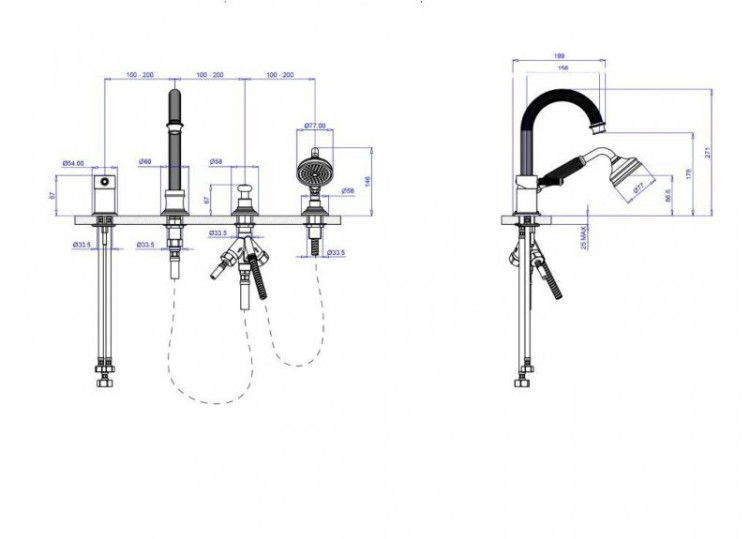 Смеситель на борт ванны с выдвижным душем и переключателем Cezares OLIMP-BVDM-01-L