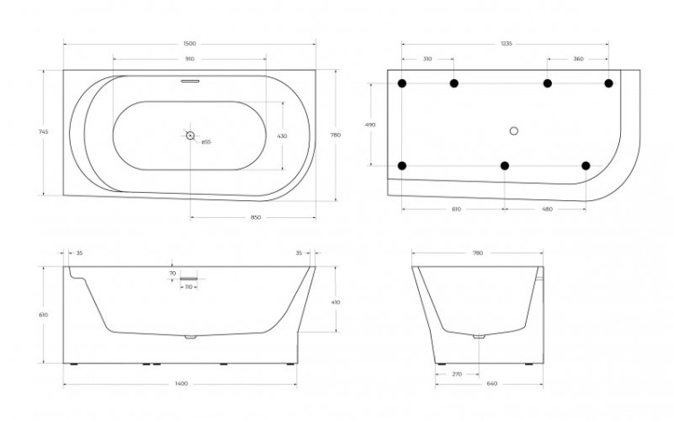 Угловая, овальная акриловая ванна в комплекте со сливом-переливом цвета хром BelBagno BB410-1500-780-R