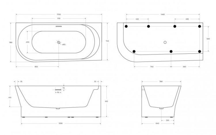 Угловая, овальная акриловая ванна в комплекте со сливом-переливом цвета хром BelBagno BB410-1500-780-R