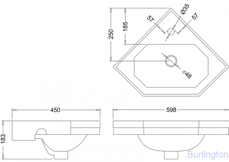 Подвесная угловая раковина на 1 отверстие