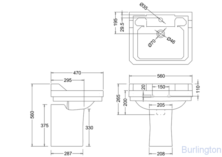 Раковина 56 см на 1 или 3 отверстия с полупьедесталом