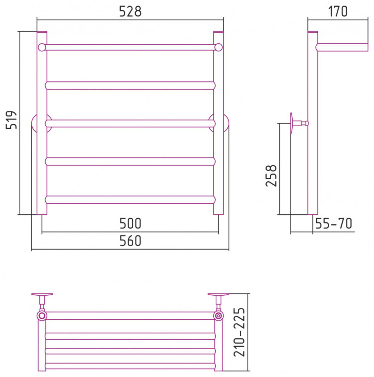 Полотенцесушитель водяной Стилье Универсал-54 600х500 (Полка + 4) П 21 Без покрытия