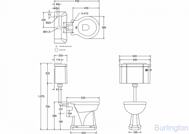 Унитаз с низким бачком 51см, с керамической ручкой слива