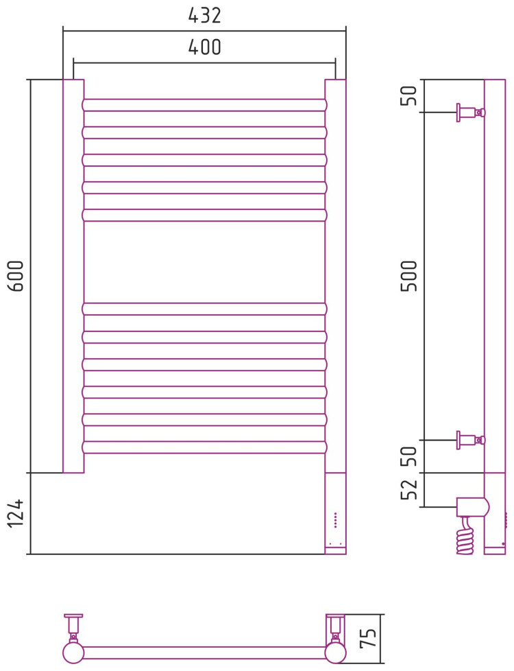 Полотенцесушитель электрический Сунержа Богема 3.0 прямая 600х400 МЭМ правый Без покрытия